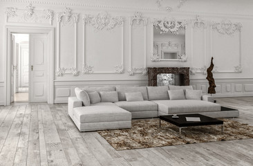 Neutral monochrome white classical living room - obrazy, fototapety, plakaty