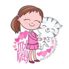 Girl tenderly cuddles tabby kitten