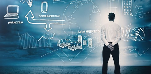 Businessman considering a brainstorm for marketing 3d