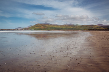 beautiful view from the beach at the mountains on dingle peninsula