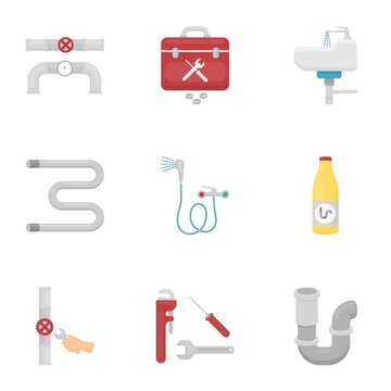 Plumbing Set Icons In Cartoon Style. Big Collection Of Plumbing Vector Symbol Stock Illustration