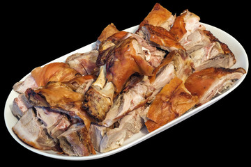 Plateful of Spit Roasted Pork Shoulder Slices Isolated on Black Background