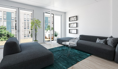 Large modern luxury condo living room interior - obrazy, fototapety, plakaty