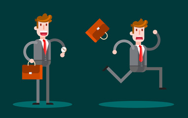 Flat Businessman Waiting and Running on Dark Background. Isolated Flat Vector Illustration.