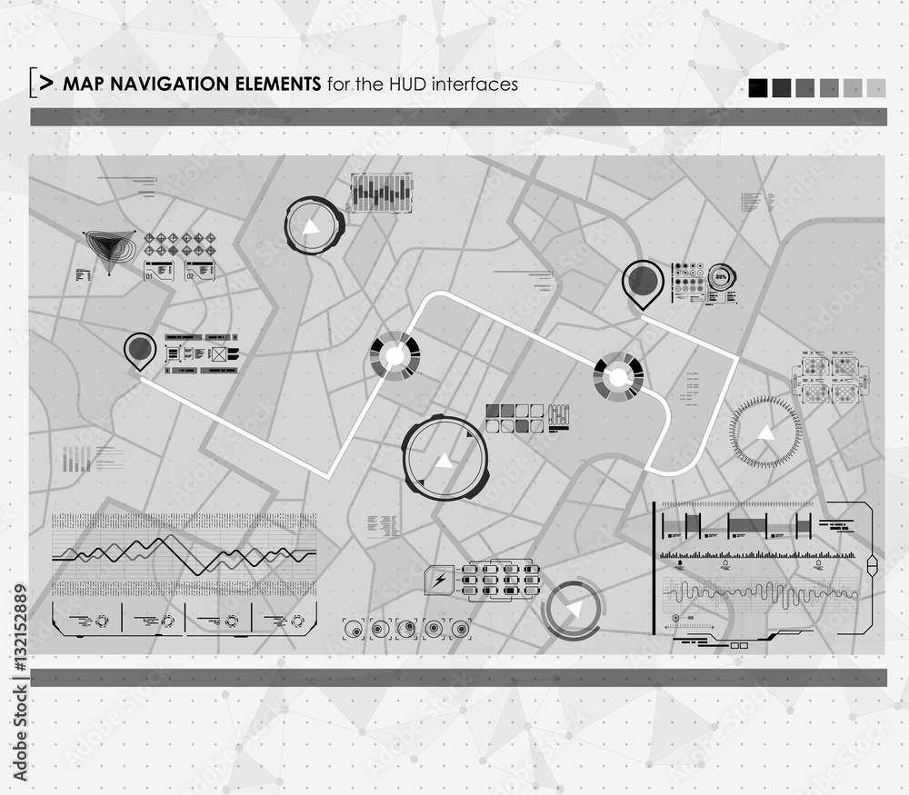 Poster head-up display navigation map elements for the web and app. futuristic user interface. virtual grap