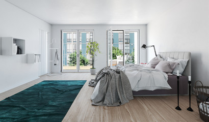 Unmade bed in a large bright apartment bedroom