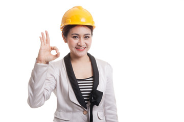 Asian engineer woman show OK sign.