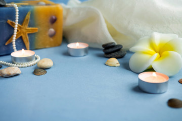 Seashells and a candle on a light background in marine style