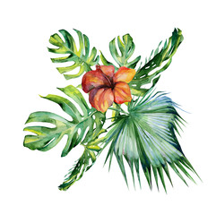 Watercolor illustration set of tropical leaves and hibiscus, dense jungle. Banner with tropic summertime motif may be used as background texture, card or cloth illustration, textile design. 