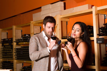 Smiling stylish young couple holding wineglasses in the winery c