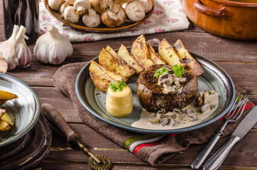 Steak with pepper sauce and mushrooms