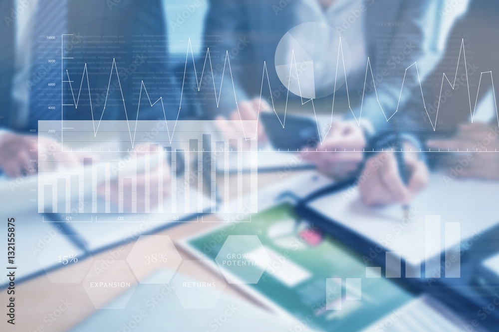 Poster composite image of business interface with graphs and data