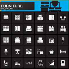 Furniture vector icons set, Home Interior modern solid symbol collection, pictogram pack isolated on black, logo illustration