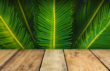 wooden table with green leaf background