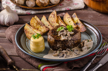 Steak with pepper sauce and mushrooms