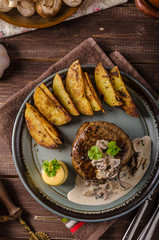 Steak with pepper sauce and mushrooms