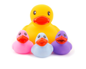 Big rubber duck with little ones, concept of a single parent family; on white