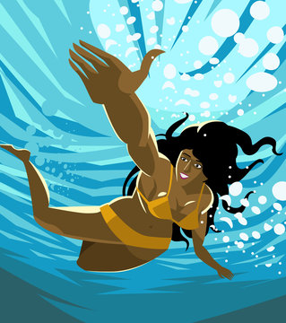african girl swimming diving in the sea