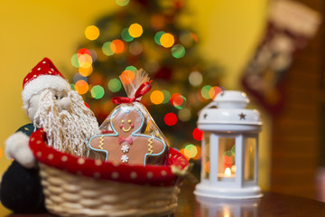 Beautiful Christmas gingerbread cookies and smiling gingerbread men. Holiday concept decorations.