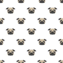 Seamless vector pattern with pug. Dog head flat icon repeating background for textile design, wrapping paper, wallpaper or scrapbooking.