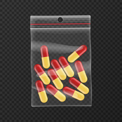 red yellow pills in transparent zip bag vector design