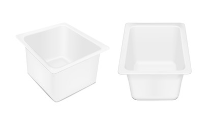 White empty plastic container for yogurt. Packaging for cheese