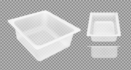 Transparent empty plastic container for cheese. Packaging for meat