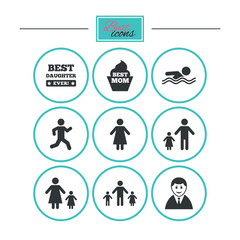 People, family icons. Swimming, person signs.