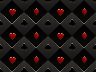 Black and red seamless pattern fabric poker table. Minimalistic casino vector 3d background with texture composed from volume card symbol - obrazy, fototapety, plakaty