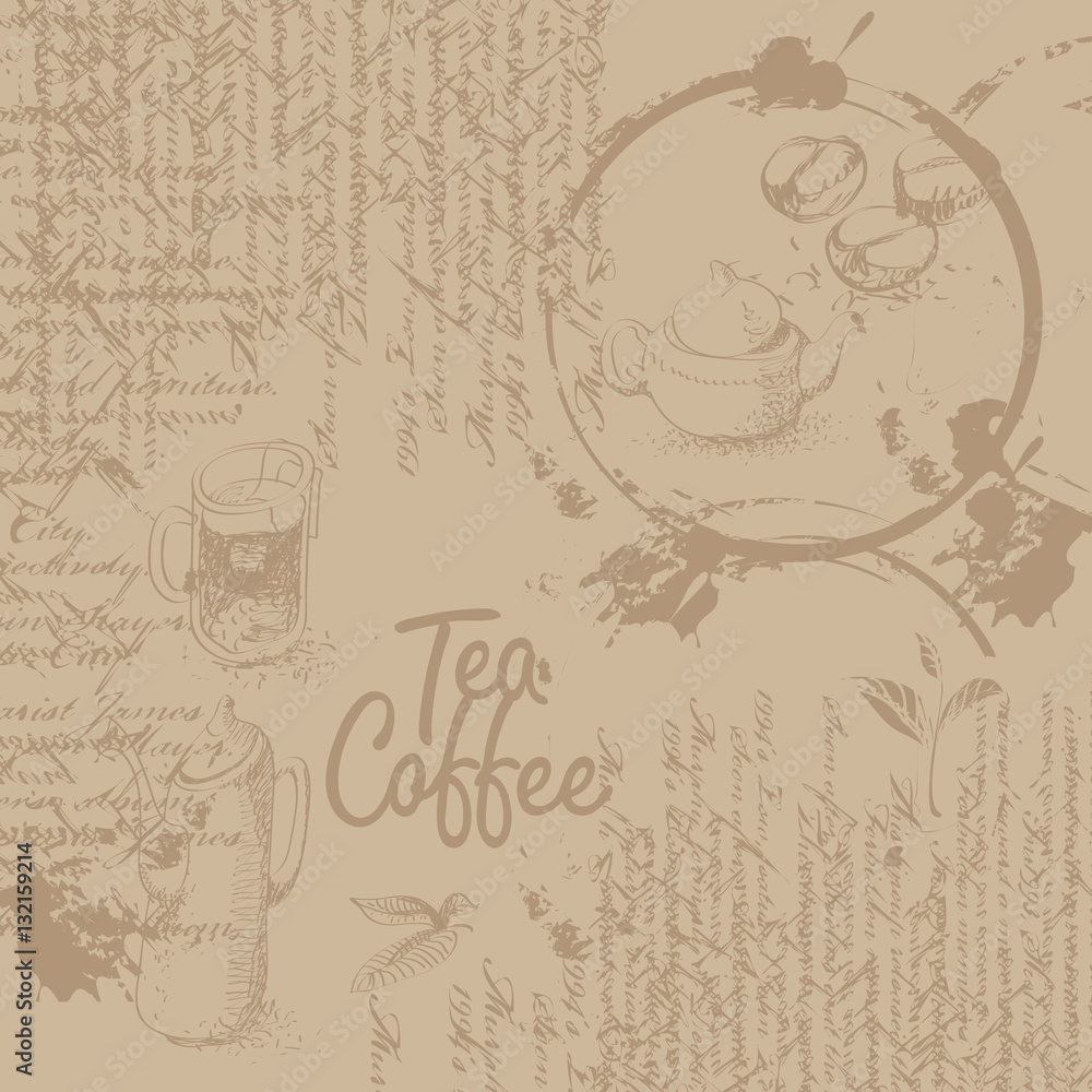Poster coffee background with texture of stains from cups, text and graphics