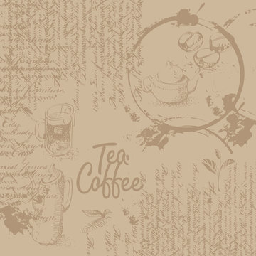 Coffee background with texture of stains from cups, text and graphics