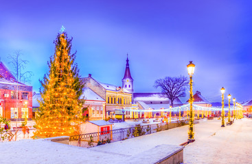 Christmas market and decorations tree in Rasnov town, Transylvania, Romania