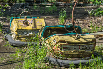 rusting derelict bumper cars at pripyat, chernobyl, ukraine