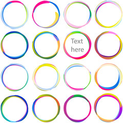 Colored text blobs from overlapping circles; Arcs rounded multicolored banners, Swirled circular medals and labels; Vector icons set Eps10