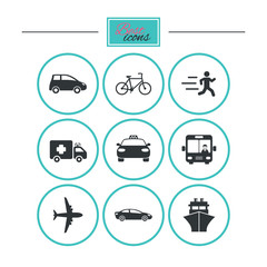 Transport icons. Car, bike, bus and taxi signs.