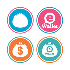 Electronic wallet icons. Dollar cash bag sign.