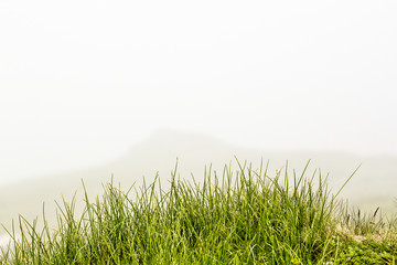 Landscape from Bucegi Mountains, part of Southern Carpathians in Romania in a very foggy day
