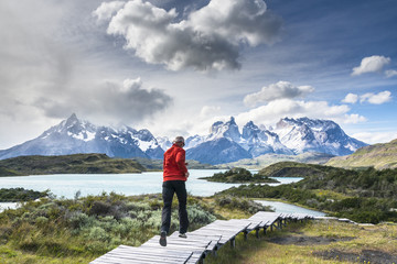 Man running in Torres del Paine National Park, Patagonia, Chile