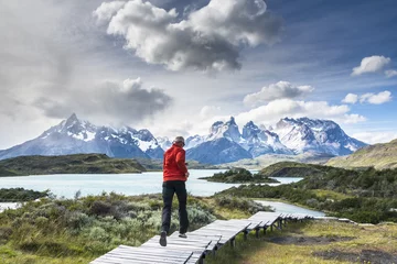 Keuken foto achterwand Cuernos del Paine Man running in Torres del Paine National Park, Patagonia, Chile