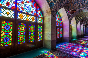 Fototapeta na wymiar Colored glass in Nasir ol Molk Mosque (Pink Mosque) in Shiraz city in Iran
