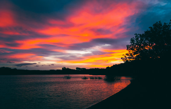 Dramatic sunset over lake
