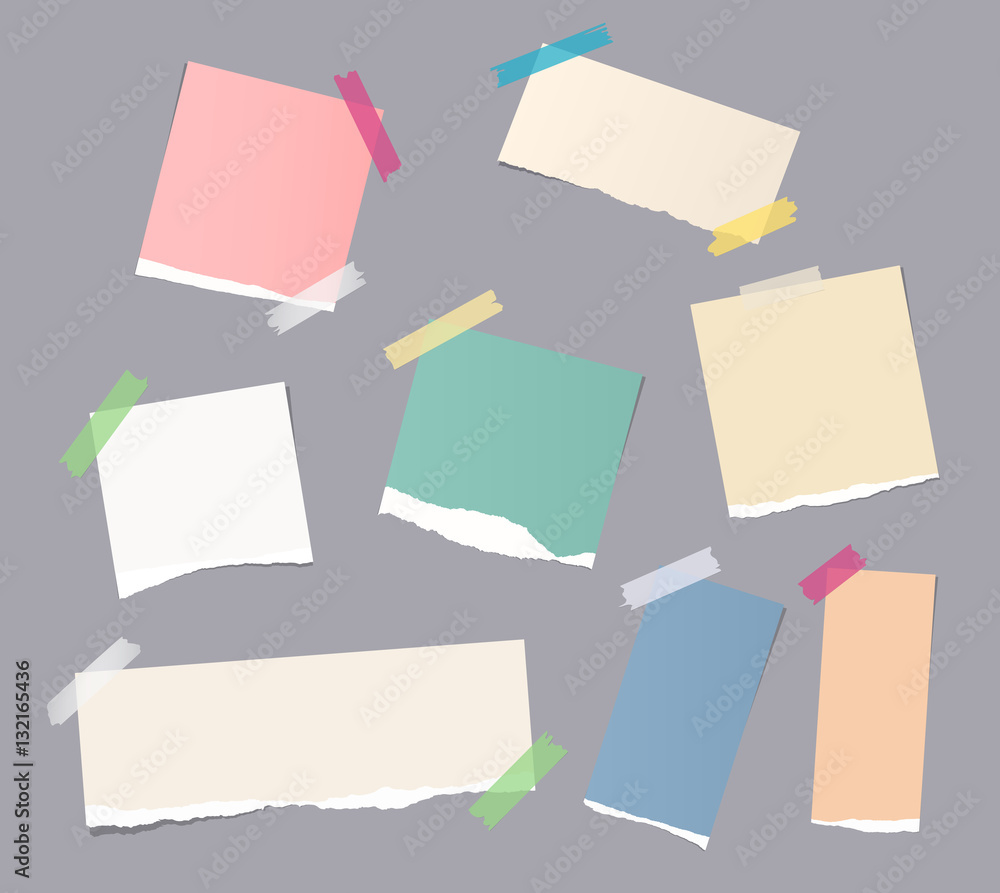 Poster pieces of different size colorful note, notebook, copybook paper sheets stuck with sticky tape on gr