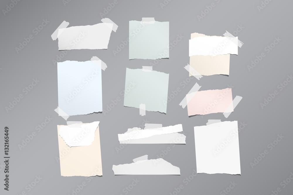 Poster pieces of different size ripped note, notebook, copybook paper sheets stuck with sticky tape on gray