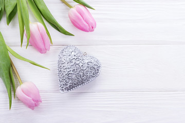 Happy Valentine's Day! Pink tulips and silver heart