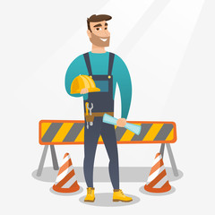 Fototapeta premium Constructor with hard hat and blueprint.