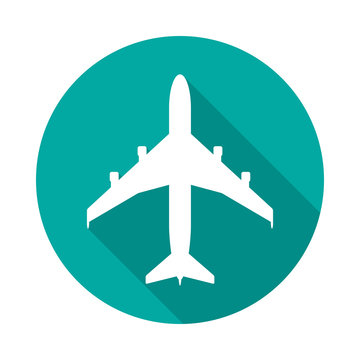 Airplane icon with long shadow. Flat design style. Round icon. Airplane silhouette. Simple circle icon. Modern flat icon in stylish colors. Web site page and mobile app design vector element.