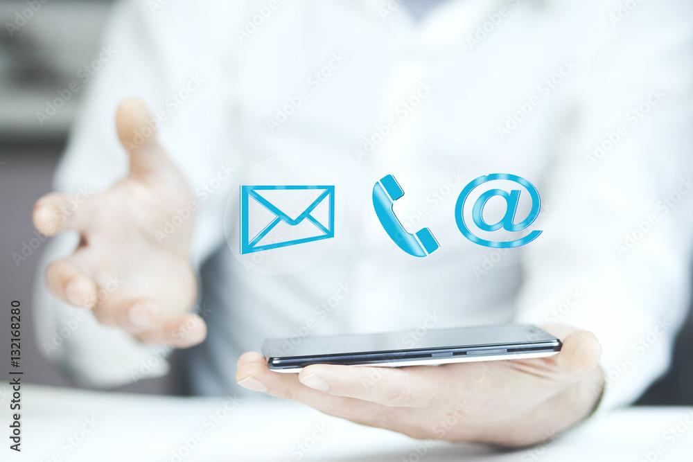Aufkleber man using a mobile phone while emitting a clouds of contact icon