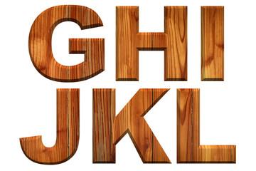 English alphabets made from wood. Isolated texts on white background.