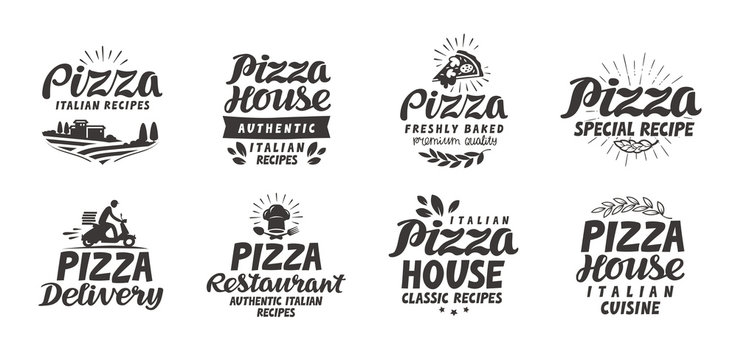 Pizza, food set icons. Collection lettering, labels for menu design restaurant or cafe