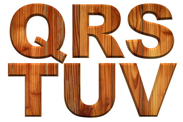 English alphabets made from wood. Isolated texts on white background.